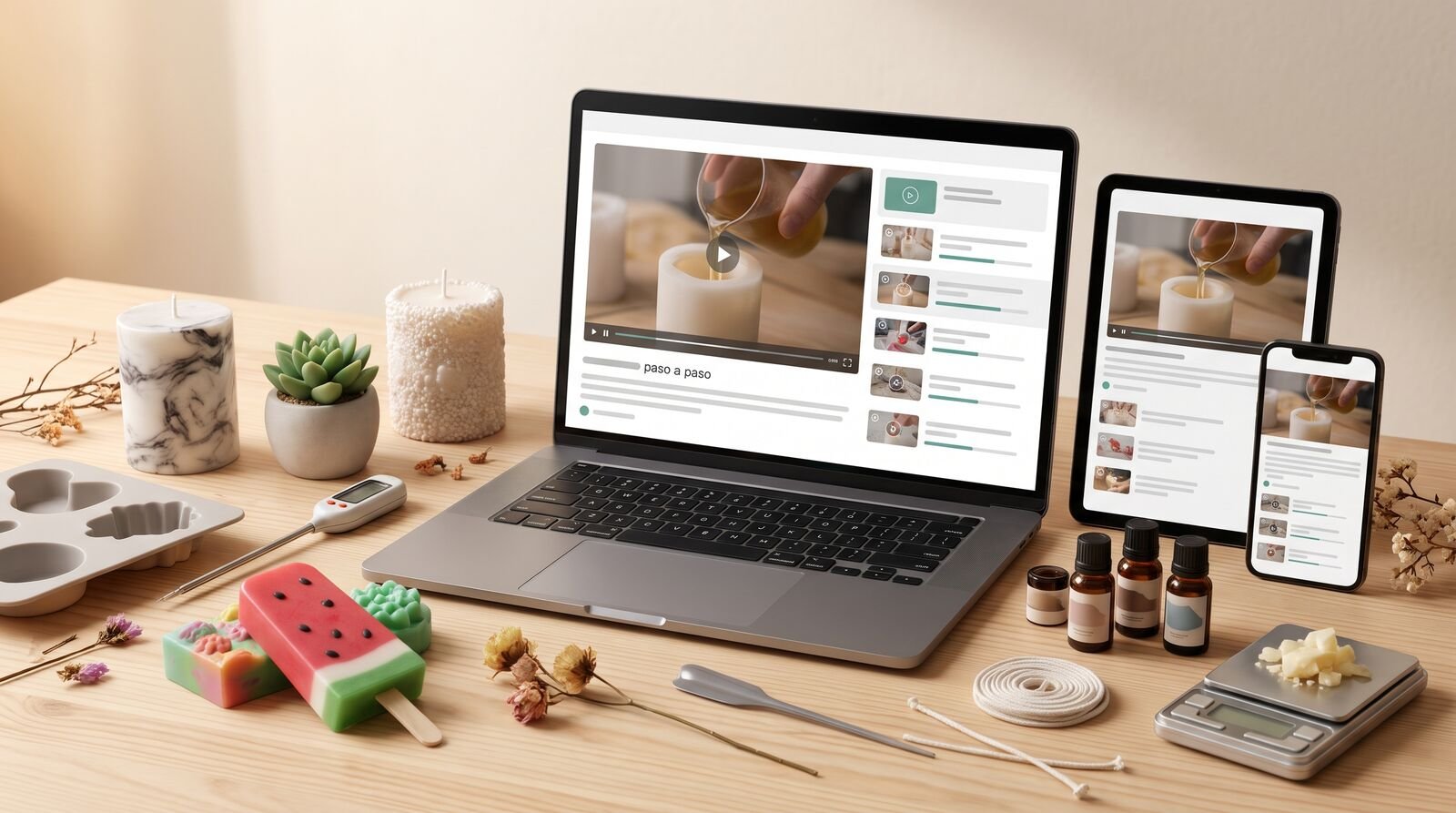 El curso en laptop, tablet y celular junto a velas, jabones, moldes, aceites esenciales y una balanza