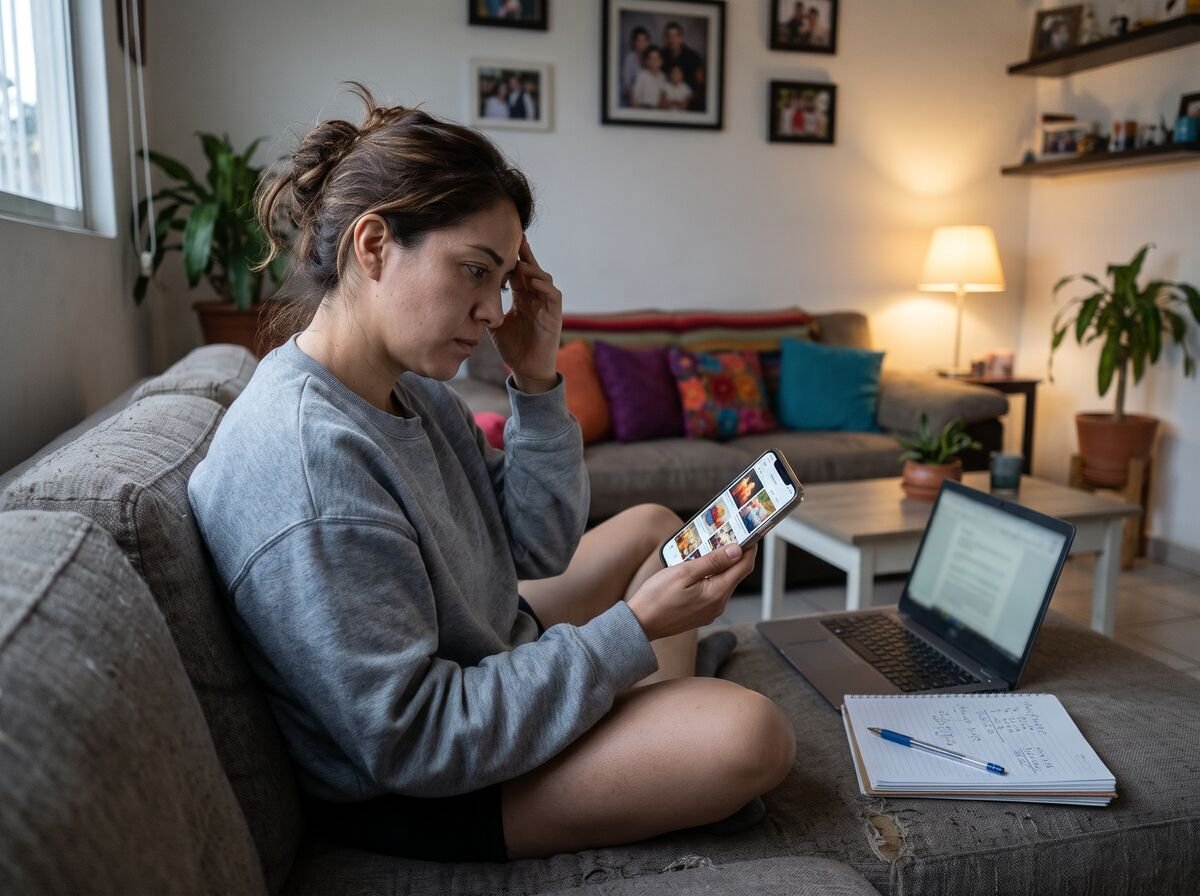 Mujer en su sala, pensativa, buscando opciones en su celular con una libreta de cuentas a un lado