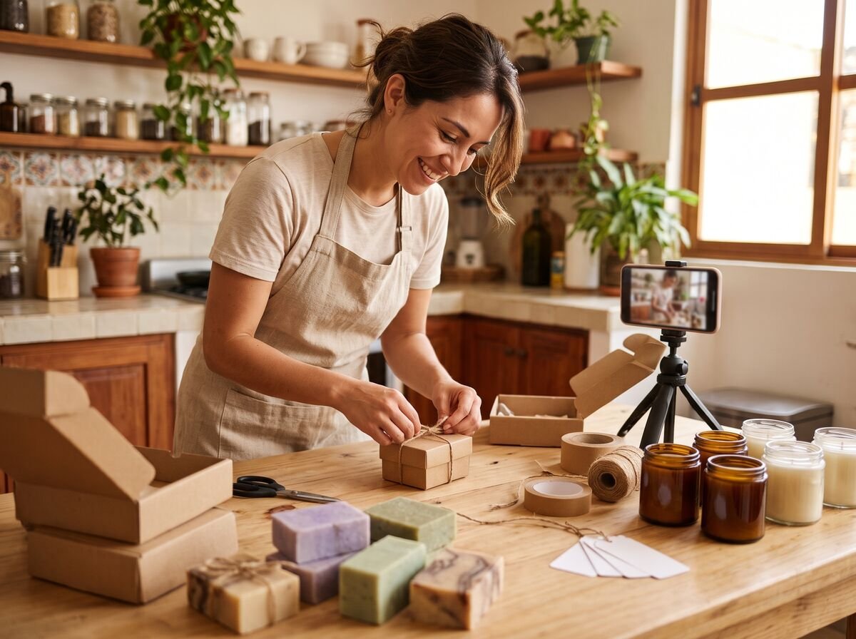 Emprendedora mexicana sonriendo mientras empaca jabones artesanales en su cocina